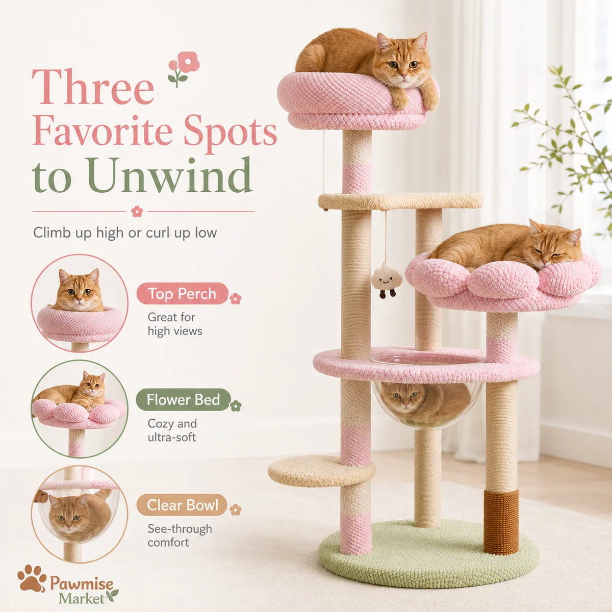 Pink Flower Cat Tree for Indoor Cats, 51.18-Inch Multi-Level Cat Tower with Soft Plush Perches, Clear Acrylic Bowl, Sisal Scratching Posts, Hanging Toy and Climbing Step