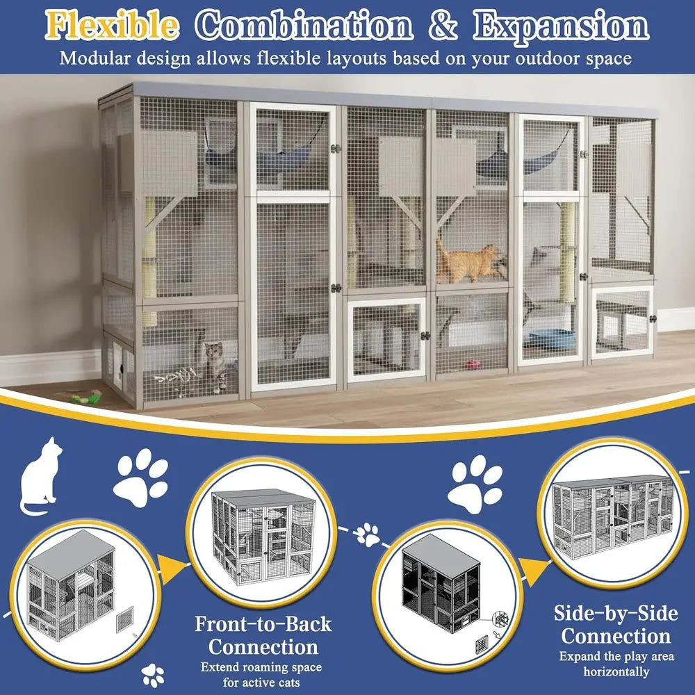 Catio Outdoor Cat Enclosure or Multiple Cats, Walk-in Cat House, Window Contion, 7 Platorms, 2 Rooms, 2 Scratch Posts, Hammock,