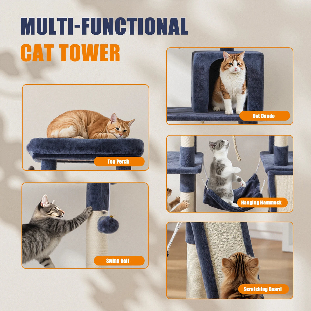 MCQ 63IN Cat Tree Tower Natural Sisal Scratching Posts Multi Level Cat Climbing Tower with Condo Pet House for Indoor Cats
