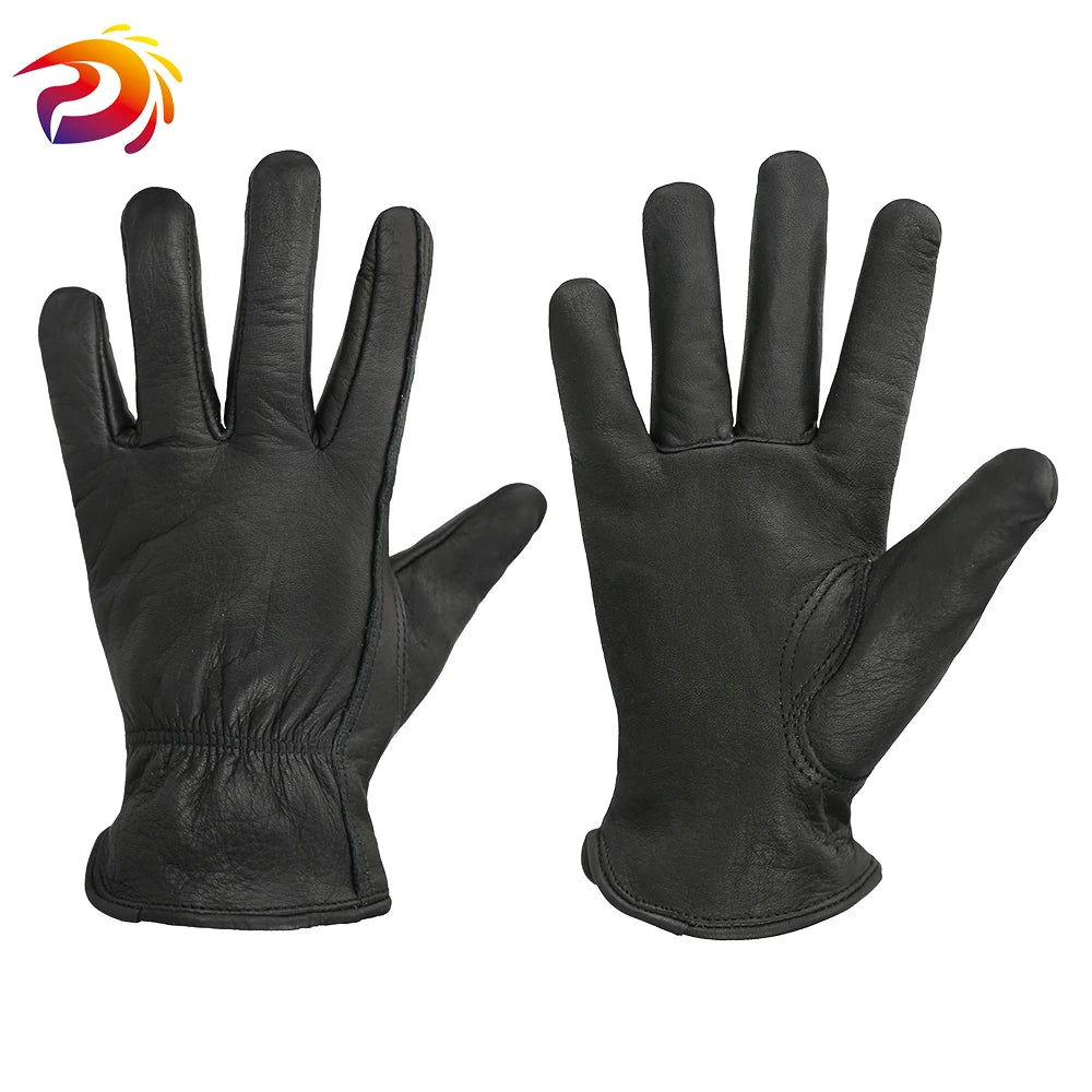 Black Work Gloves Leather Gardening Motorcycle Cowhide Grain Leather Safety Working Glove Men&Women