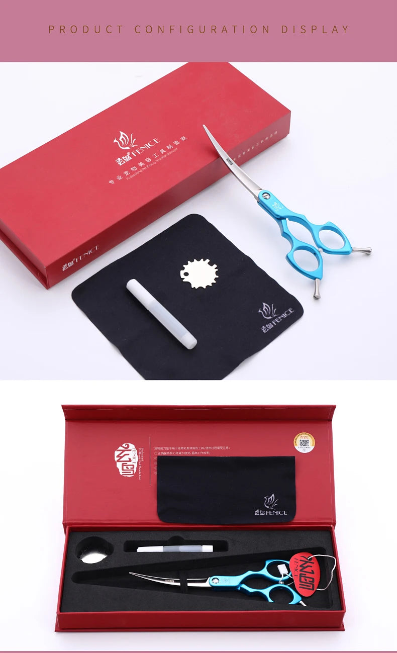 Fenice 6.0/6.5/7 Inch Professional Dog Grooming Scissors Curved Japan 440C Shear with High Quality Alloy Handle aseo de mascotas