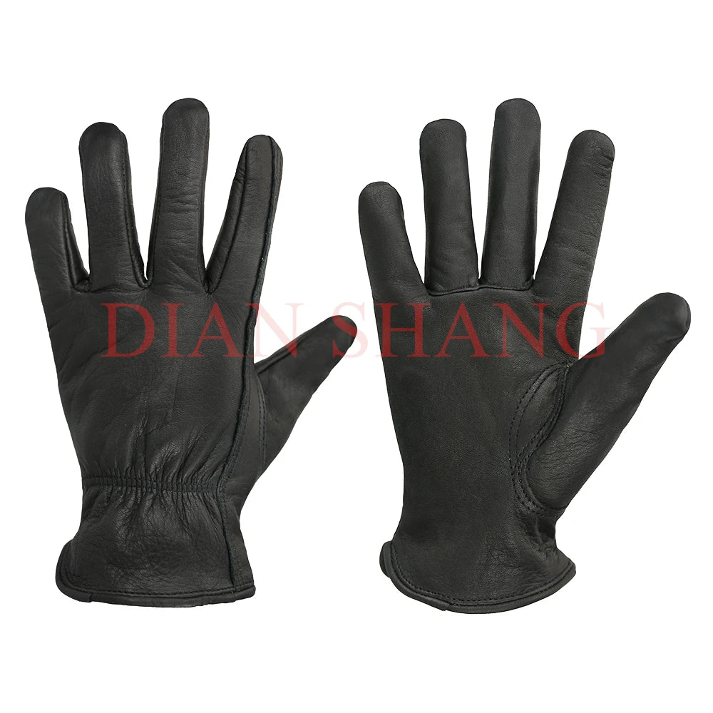 Black Work Gloves Leather Gardening Motorcycle Cowhide Grain Leather Safety Working Glove Men&Women