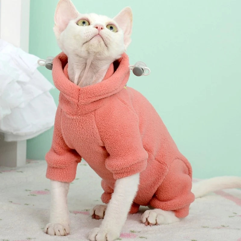 Fleece 4-legged Soft Sweater for Sphynx Cat Winter thick Warm Hooded Red Green Sweatshirt for Kittens Devon Rex coat in Autumn