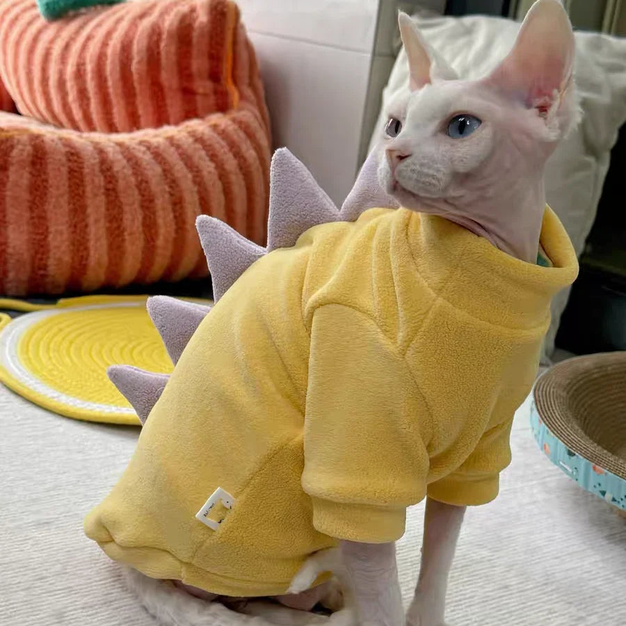 Dinosaur Shape Fleece Sweatshirt for Cats in Winter Cute Cartoon 4-legged Warm Purple Blue Coat for Sphynx Cat Soft Jumpsuit