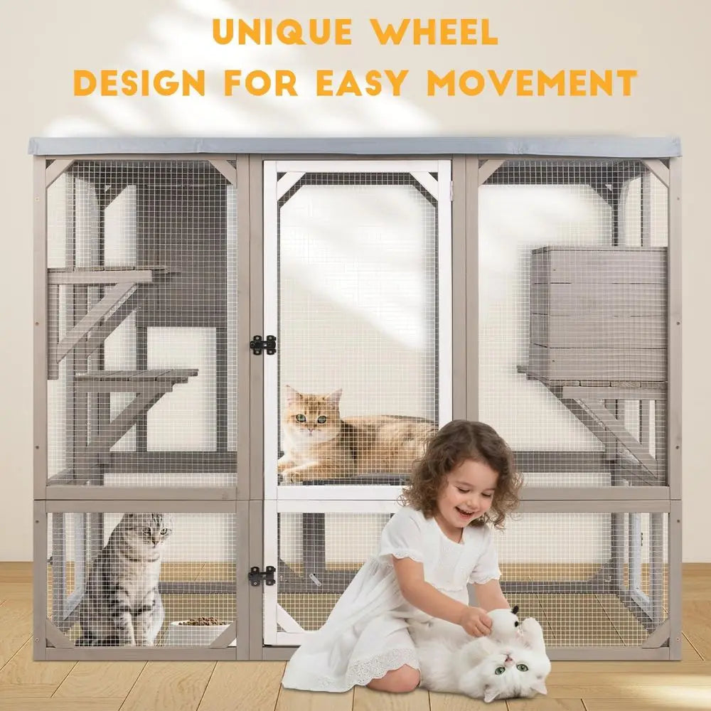 Catio Outdoor Cat Enclosure, Wooden Cat Catio, Large Weatherproo Cats House with Multiple Platorms and 1 Resting Boxes or Multip