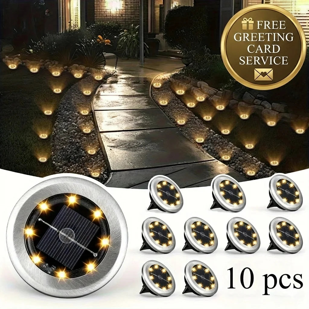 10pcs Solar Ground Light Outdoor Waterproof 8LED Disk Light for Garden Pathway Yard Driveway Landscape Decorative In-ground Lamp