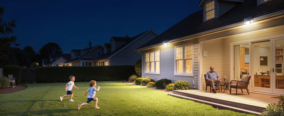 Intelamp Long Battery Life 6000mAh Outdoor Solar Lights Flood Light With Larger Solar Panel Two Motion Sensors For Yard Garden