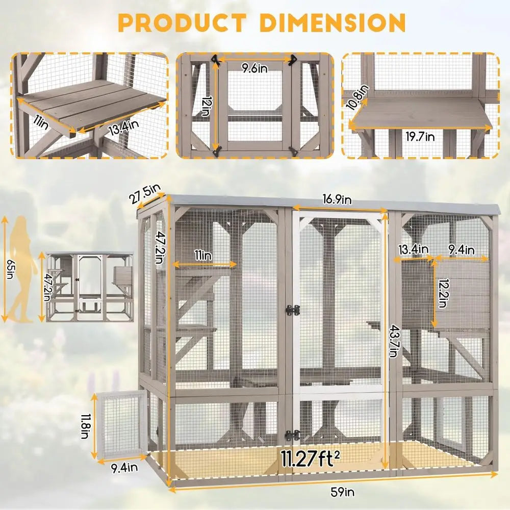 Catio Outdoor Cat Enclosure, Wooden Cat Catio, Large Weatherproo Cats House with Multiple Platorms and 1 Resting Boxes or Multip