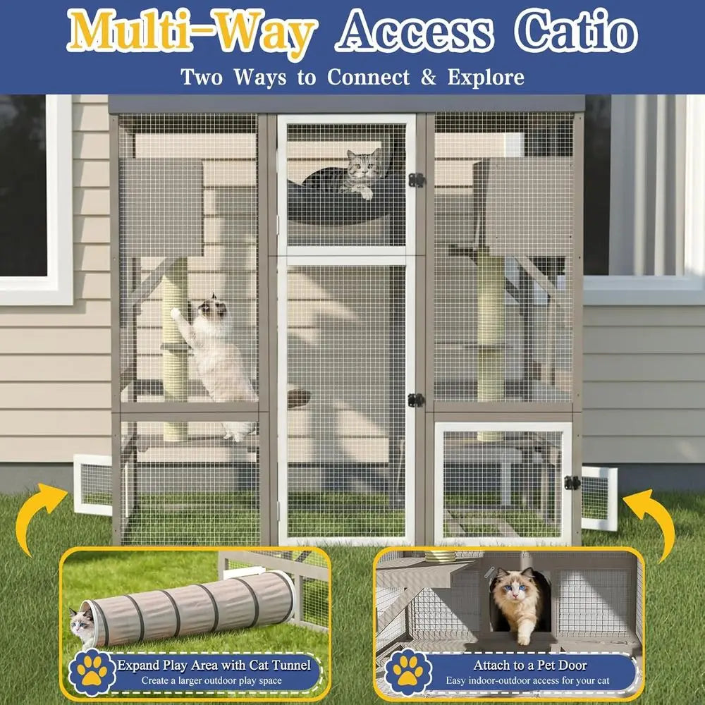 Catio Outdoor Cat Enclosure or Multiple Cats, Walk-in Cat House, Window Contion, 7 Platorms, 2 Rooms, 2 Scratch Posts, Hammock,