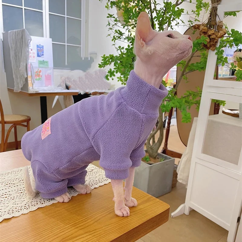 Fleece Coat for Sphynx Cat Warm Sweatshirt 4-legged Jumpsuit for Kittens Dogs soft Loungewear for Male Cat Devon Rex Sweater