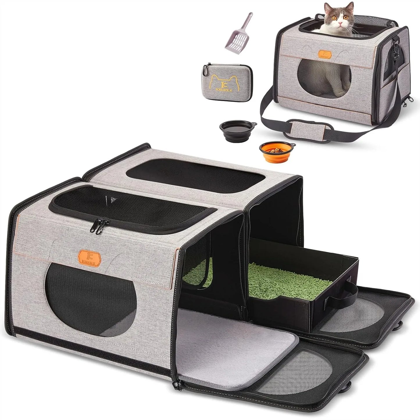 Large Cat Carrier with Litter Box for Car Travel, 2-in-1 Pet Carrier Bag for Long Distance, Collapsible Dog Crate