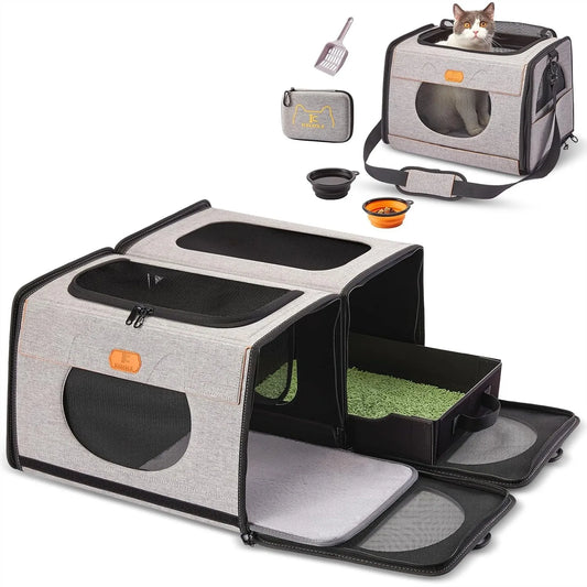 Large Cat Carrier with Litter Box for Car Travel, 2-in-1 Pet Carrier Bag for Long Distance, Collapsible Dog Crate