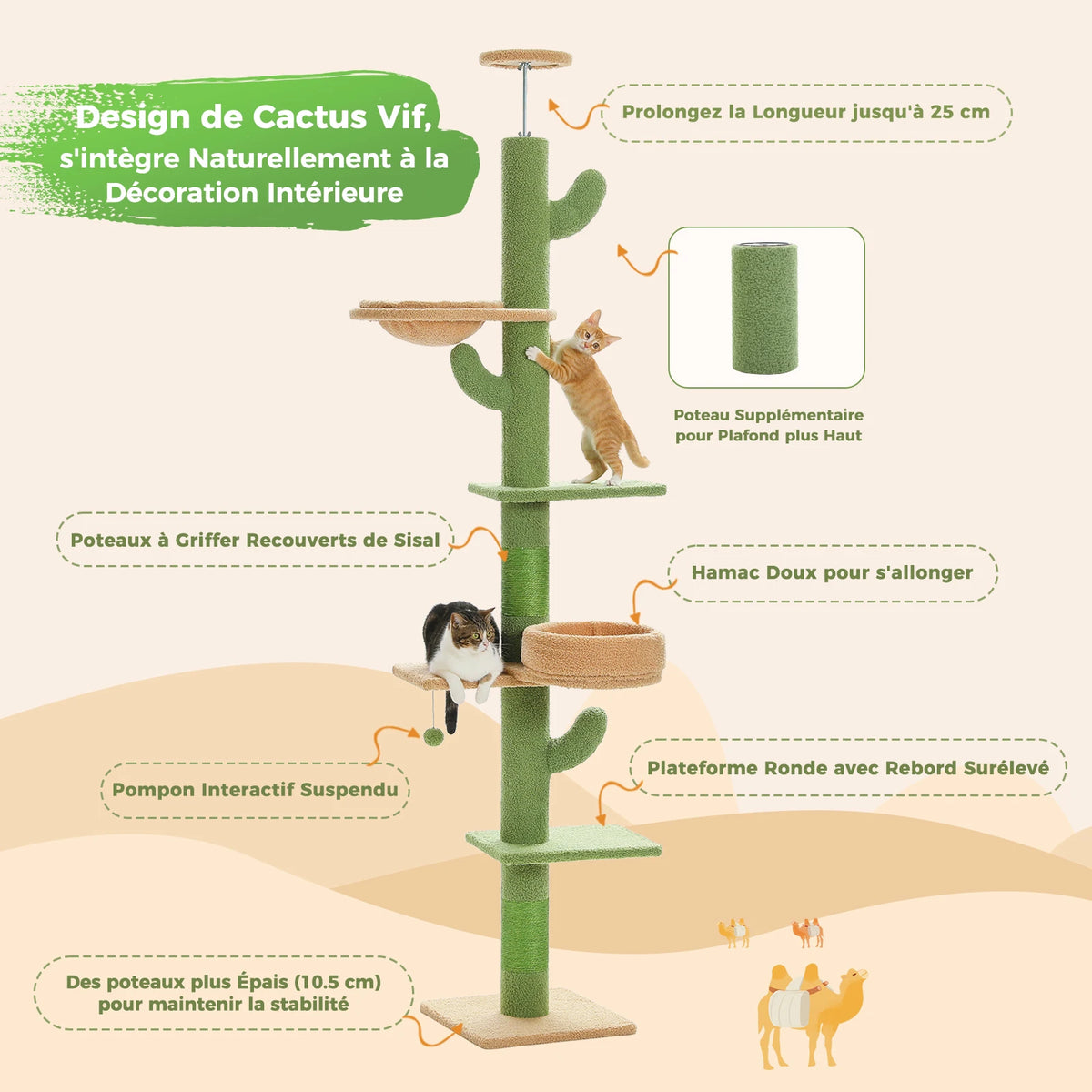 Cactus Cat Tree Floor to Ceiling Cat Tower with Sisal Scratching Post,Comfortable Hammock for Multi-Cat Homes,Cat Accessories