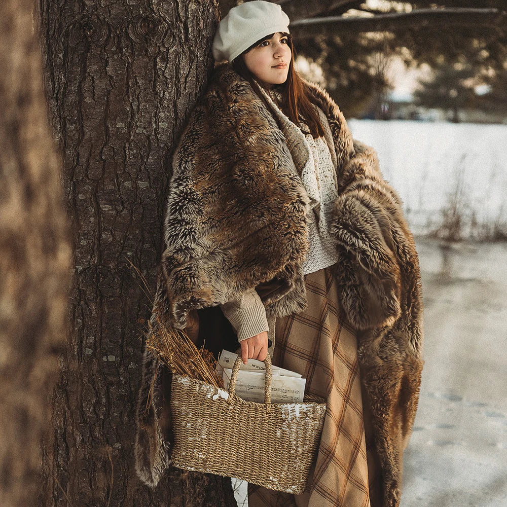Battilo Brown Faux Fur Blanket Luxury Fluffy Plaid Throw Blanket Winter Thick Warm Plush Blanket Fur Throws for Bedroom Decor