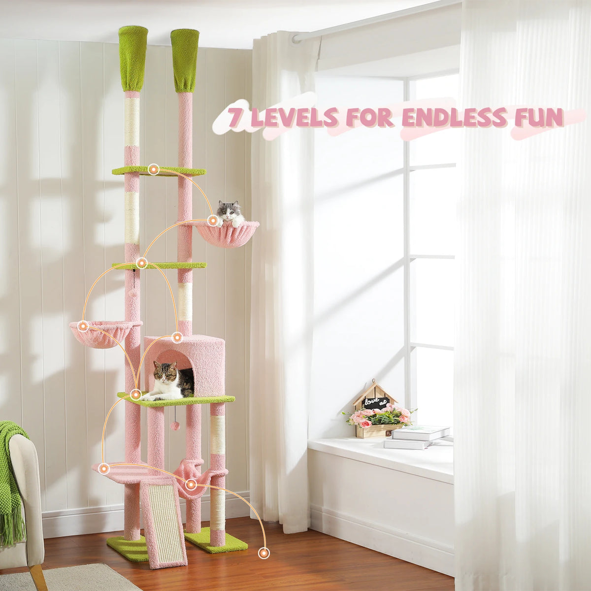 Floor to Ceiling Cat Tree with Sisal Scratching Posts Cozy Condo Hammock Adjustable Height Tall Cat Tower for Indoor Cat Toys