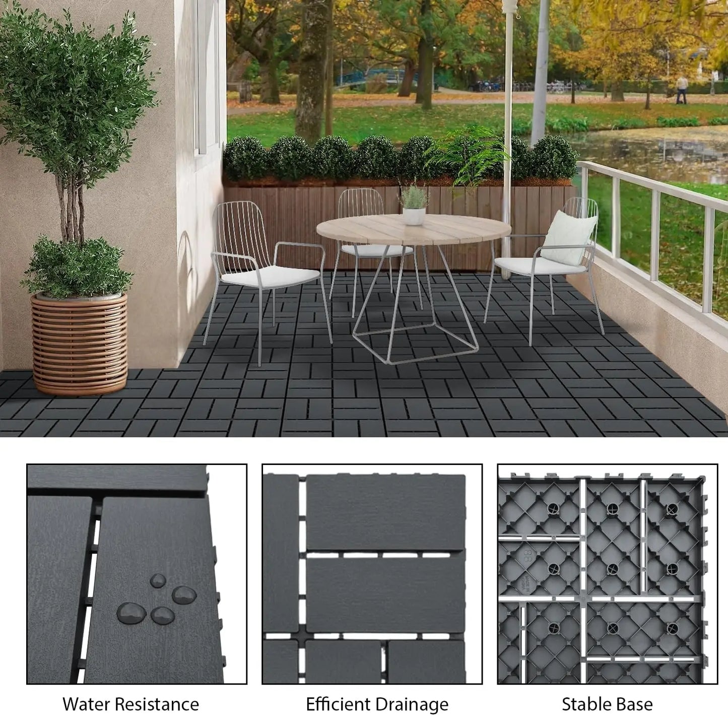 44-Piece Pack of Plastic Lock Floor Tiles, Lock Terrace Tiles, Ideal for Garden, Walkway, Balcony, Patio and Porch Decor
