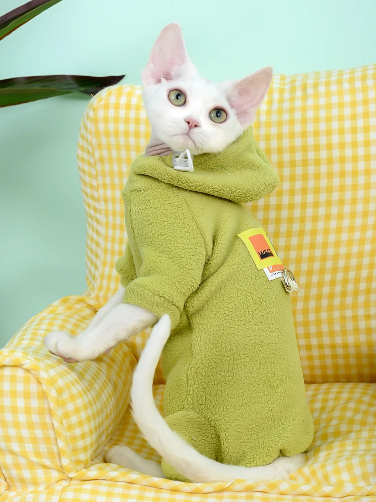 Fleece 4-legged Soft Sweater for Sphynx Cat Winter thick Warm Hooded Red Green Sweatshirt for Kittens Devon Rex coat in Autumn