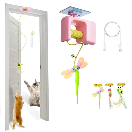Interactive Hanging Cat Retractable String RechargeableToys for Indoor Kittens and Bored Adult Cats with 3 Flying Feathers