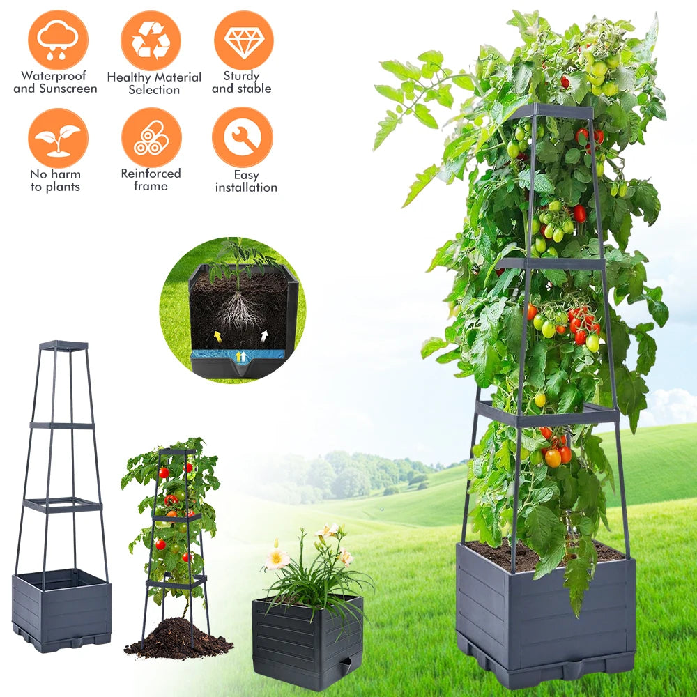 Self Watering Tomato Planter Box with Trellis Support Frame Square Raised Garden Bed Self Irrigation Plant Growing Pot for Vegetable Fruit Flower Patio Balcony