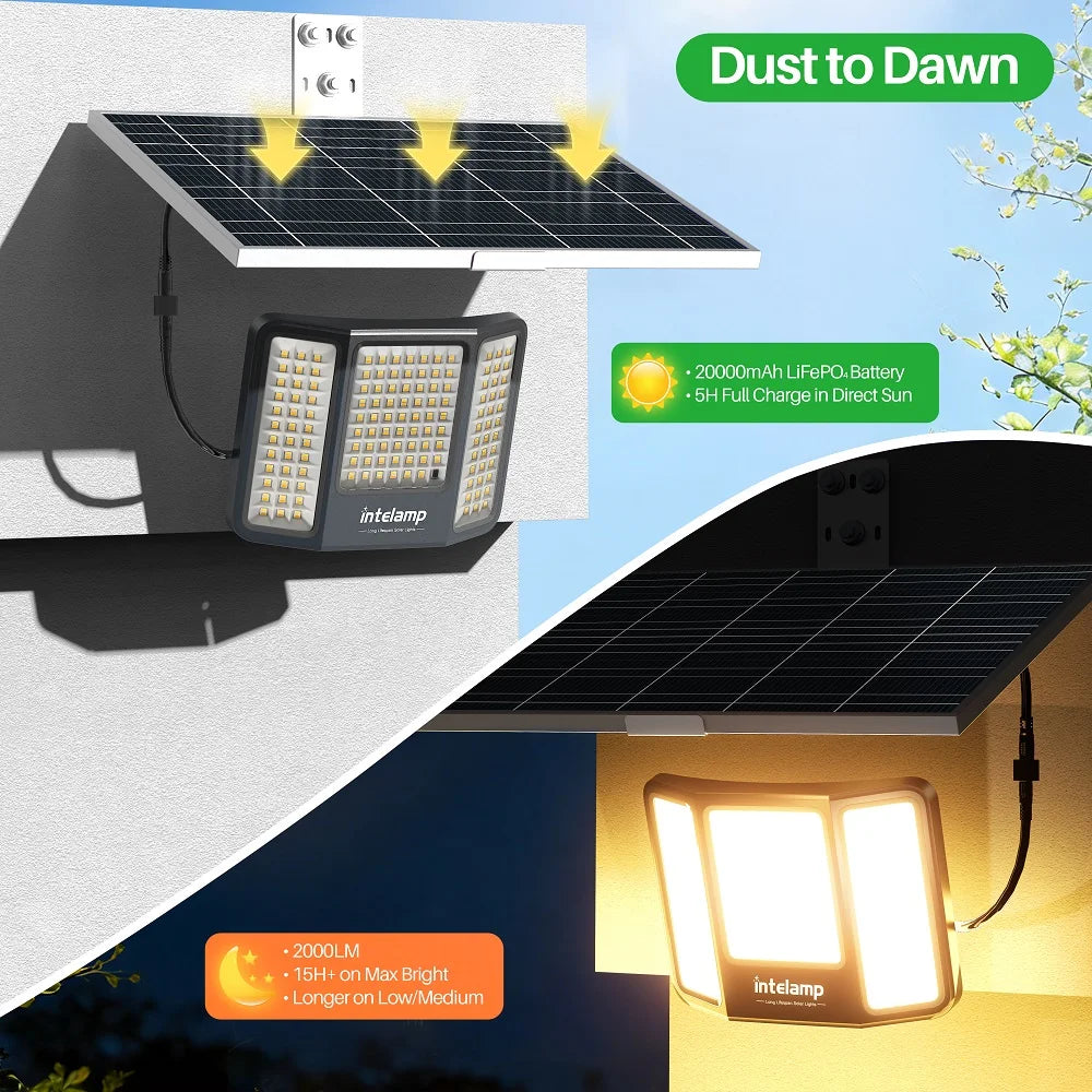 intelamp Long Life 20000mah High Bright Outdoor Solar Flood Light With Super Large Solar Panel 3 Color Mode For Garden Yard Path