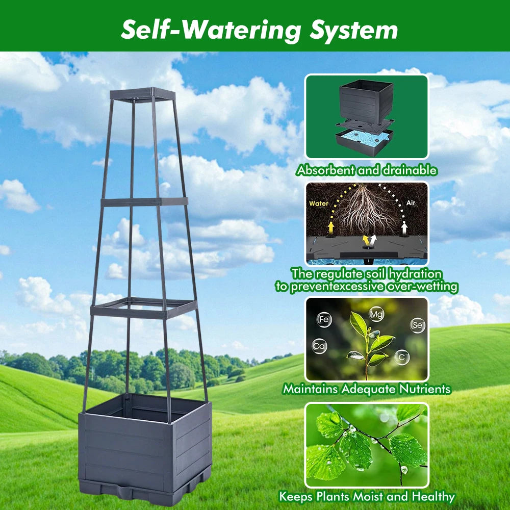 Self Watering Tomato Planter Box with Trellis Support Frame Square Raised Garden Bed Self Irrigation Plant Growing Pot for Vegetable Fruit Flower Patio Balcony