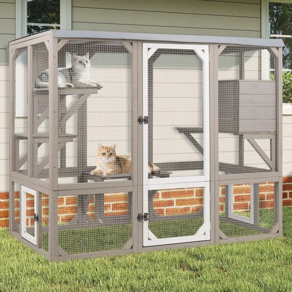 Catio Outdoor Cat Enclosure, Wooden Cat Catio, Large Weatherproo Cats House with Multiple Platorms and 1 Resting Boxes or Multip