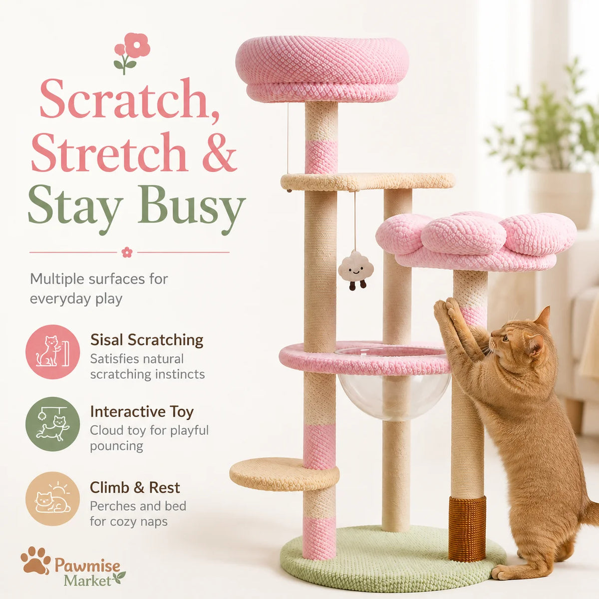 Pink Flower Cat Tree for Indoor Cats, 51.18-Inch Multi-Level Cat Tower with Soft Plush Perches, Clear Acrylic Bowl, Sisal Scratching Posts, Hanging Toy and Climbing Step
