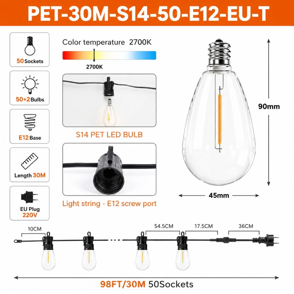 PET S14 LED String Light Bulbs E12 Base Shatterproof Plastic Bulbs 220V EU Plug Outdoor Patio Garden Lights Warm White 2700K