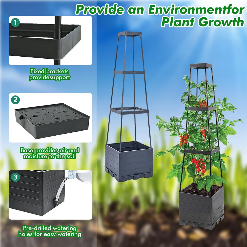Self Watering Tomato Planter Box with Trellis Support Frame Square Raised Garden Bed Self Irrigation Plant Growing Pot for Vegetable Fruit Flower Patio Balcony