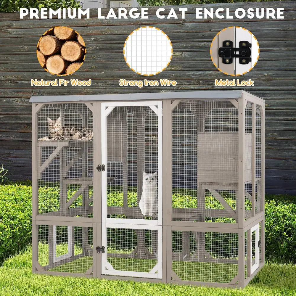 Catio Outdoor Cat Enclosure, Wooden Cat Catio, Large Weatherproo Cats House with Multiple Platorms and 1 Resting Boxes or Multip