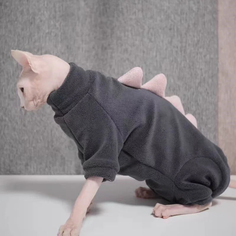 Dinosaur Shape Fleece Sweatshirt for Cats in Winter Cute Cartoon 4-legged Warm Purple Blue Coat for Sphynx Cat Soft Jumpsuit