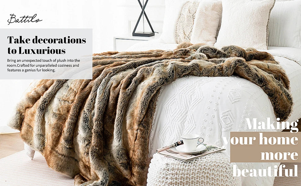 Battilo Brown Faux Fur Blanket Luxury Fluffy Plaid Throw Blanket Winter Thick Warm Plush Blanket Fur Throws for Bedroom Decor