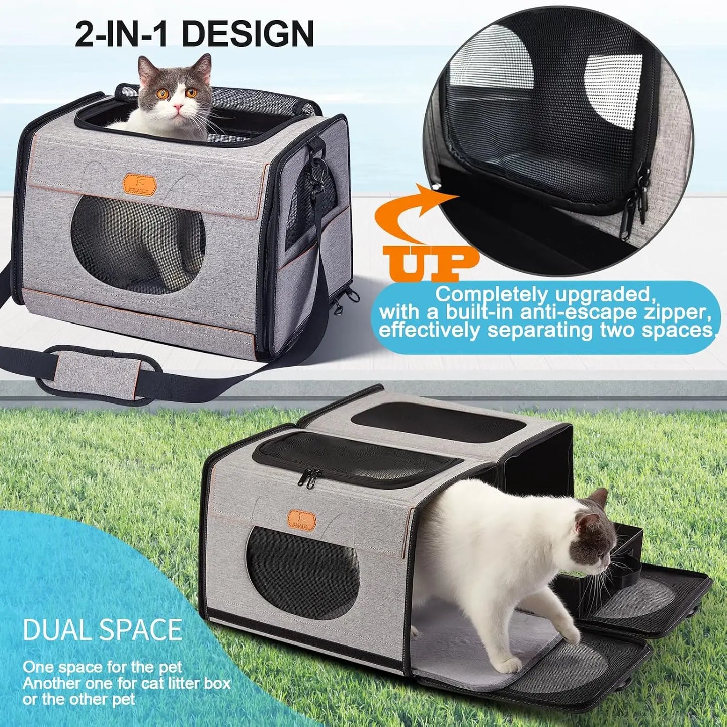 Large Cat Carrier with Litter Box for Car Travel, 2-in-1 Pet Carrier Bag for Long Distance, Collapsible Dog Crate