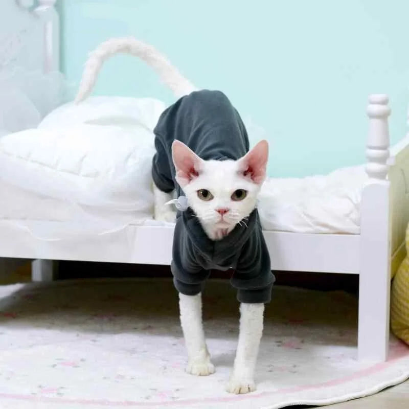 Fleece 4-legged Soft Sweater for Sphynx Cat Winter thick Warm Hooded Red Green Sweatshirt for Kittens Devon Rex coat in Autumn