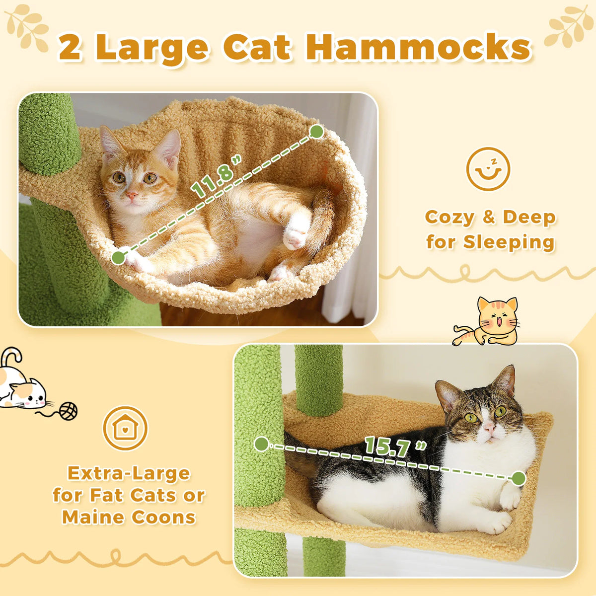 Cactus Cat Tree Floor to Ceiling Cat Tower with Sisal Scratching Post,Comfortable Hammock for Multi-Cat Homes,Cat Accessories