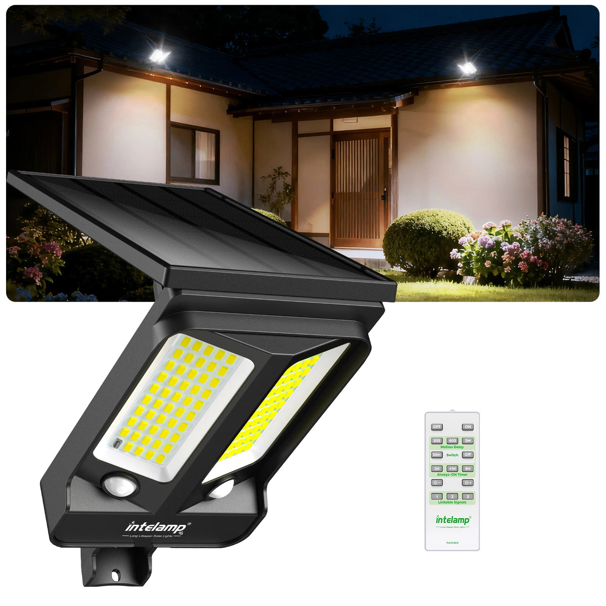 Intelamp Long Battery Life 4000mAh Outdoor Solar Flood Lights 240° Wide Security Street Light Two Motion Sensors For Garden Yard