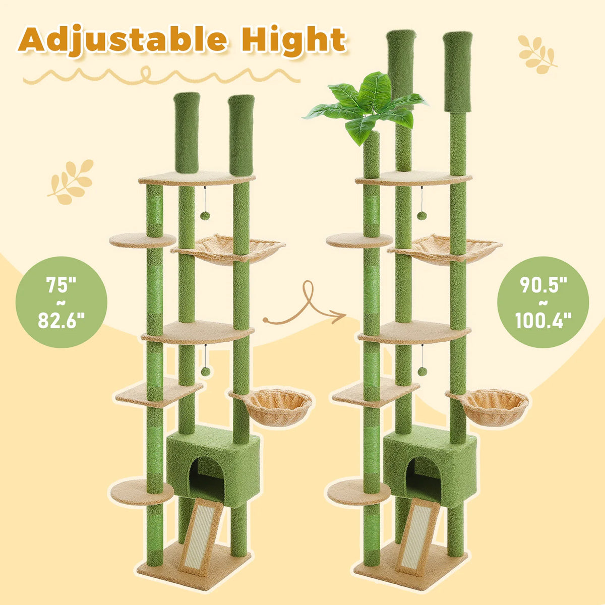 Cactus Cat Tree Floor to Ceiling Cat Tower with Sisal Scratching Post,Comfortable Hammock for Multi-Cat Homes,Cat Accessories