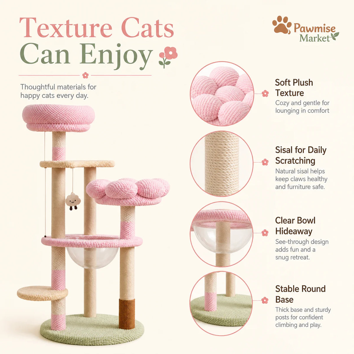 Pink Flower Cat Tree for Indoor Cats, 51.18-Inch Multi-Level Cat Tower with Soft Plush Perches, Clear Acrylic Bowl, Sisal Scratching Posts, Hanging Toy and Climbing Step