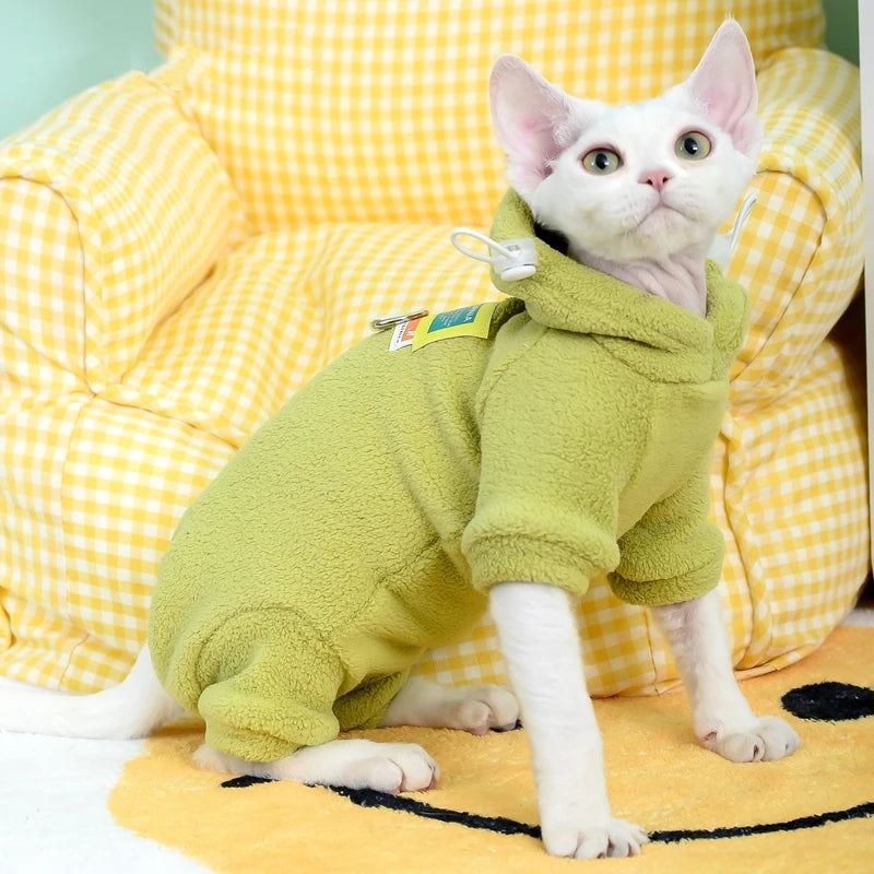 Fleece 4-legged Soft Sweater for Sphynx Cat Winter thick Warm Hooded Red Green Sweatshirt for Kittens Devon Rex coat in Autumn
