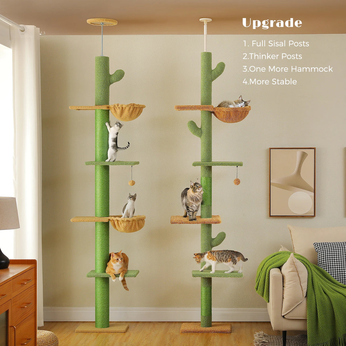 Cactus Cat Tree Floor to Ceiling Cat Tower with Sisal Scratching Post,Comfortable Hammock for Multi-Cat Homes,Cat Accessories