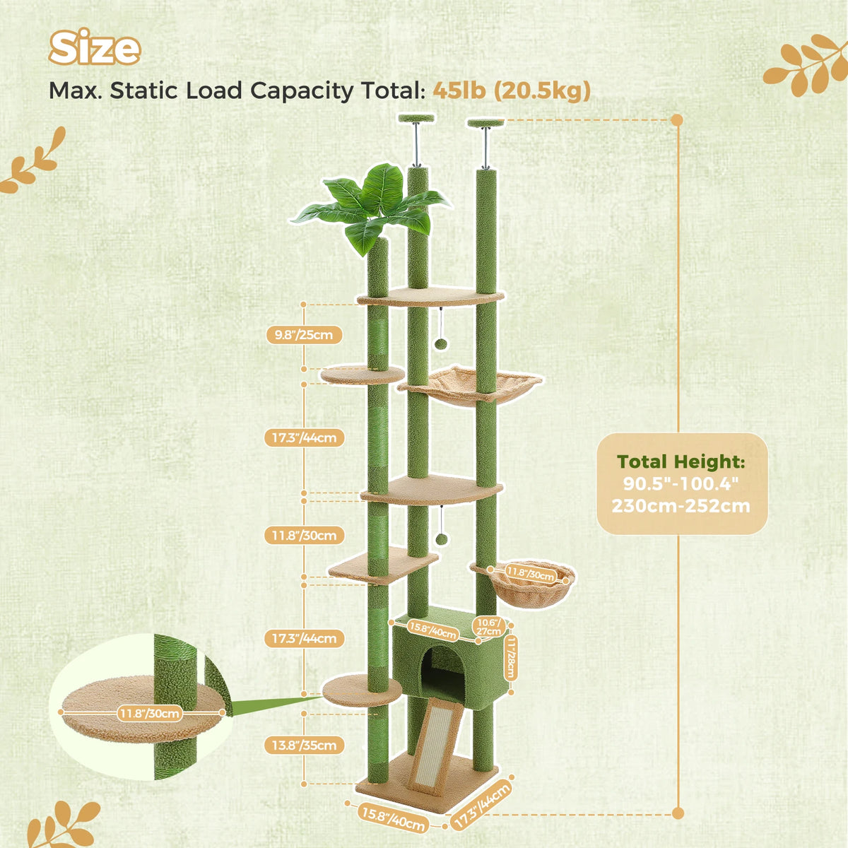 Cactus Cat Tree Floor to Ceiling Cat Tower with Sisal Scratching Post,Comfortable Hammock for Multi-Cat Homes,Cat Accessories