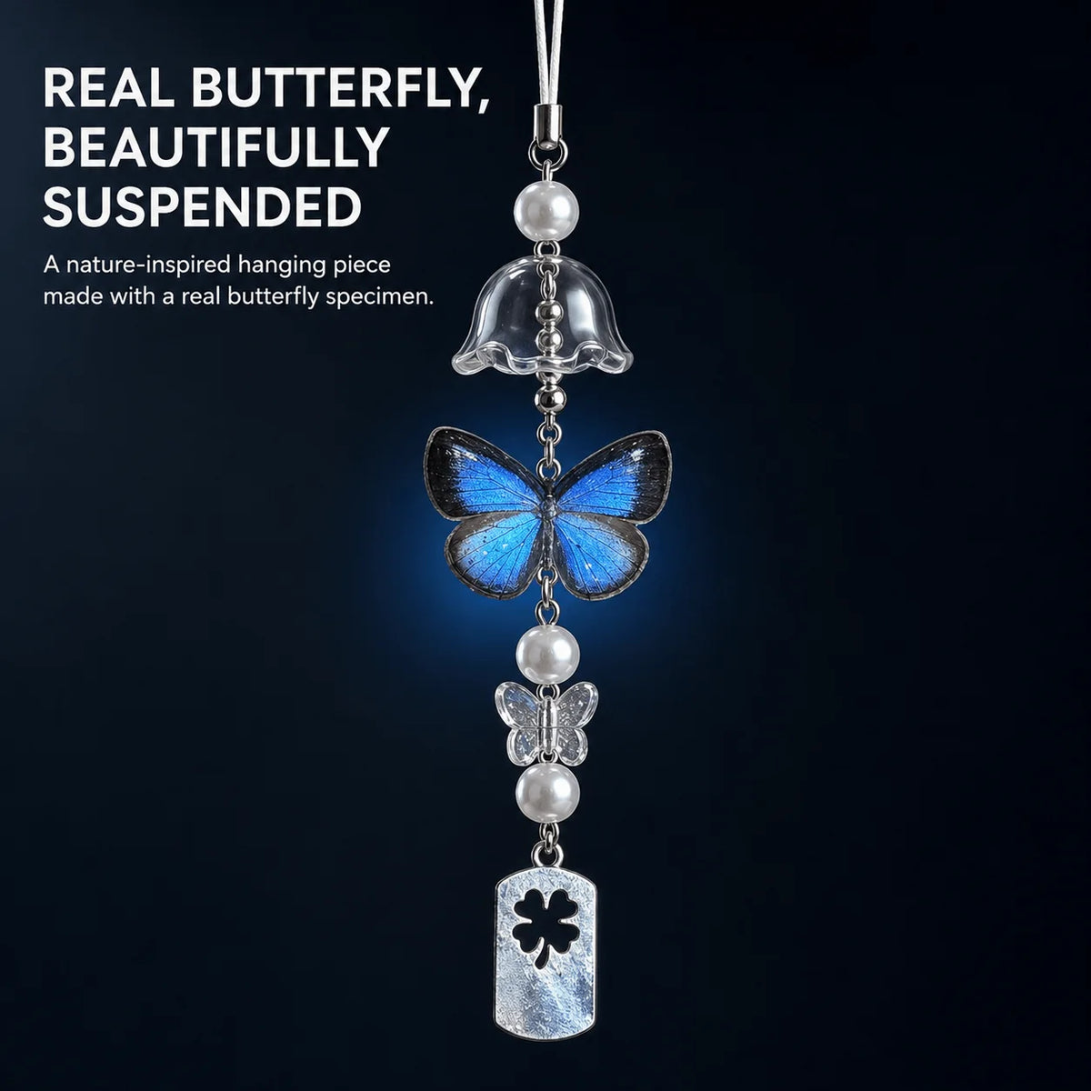 Real Butterfly Specimen Wind Chime, Blue Butterfly Hanging Decor, Nature-Inspired Ornament for Home & Gift