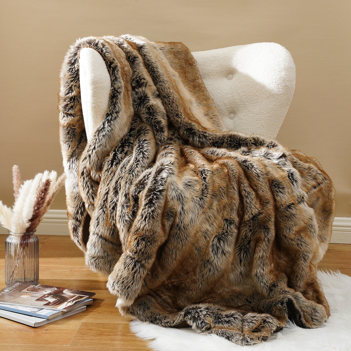 Battilo Brown Faux Fur Blanket Luxury Fluffy Plaid Throw Blanket Winter Thick Warm Plush Blanket Fur Throws for Bedroom Decor