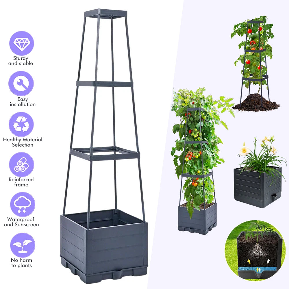 Self Watering Tomato Planter Box with Trellis Support Frame Square Raised Garden Bed Self Irrigation Plant Growing Pot for Vegetable Fruit Flower Patio Balcony