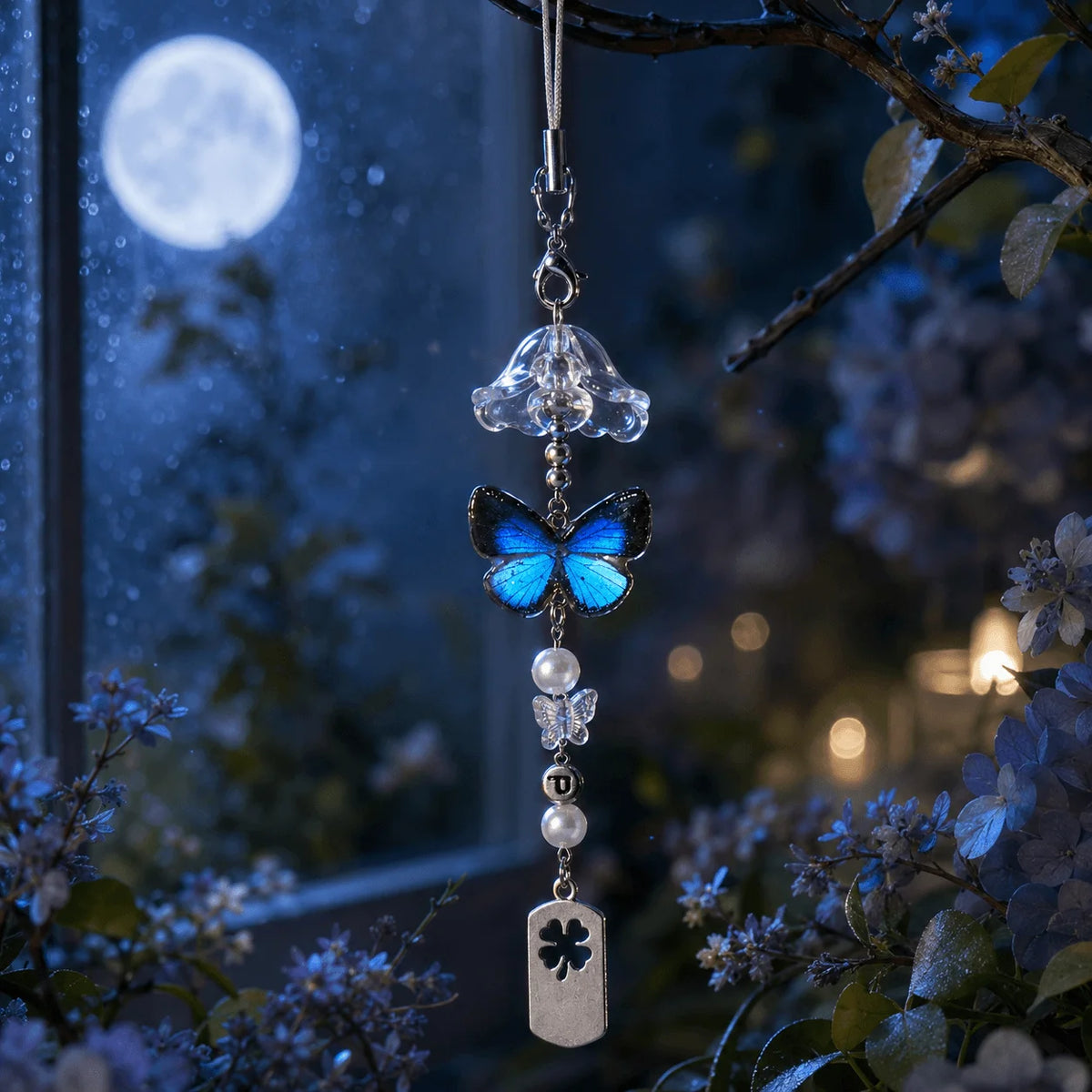Real Butterfly Specimen Wind Chime, Blue Butterfly Hanging Decor, Nature-Inspired Ornament for Home & Gift