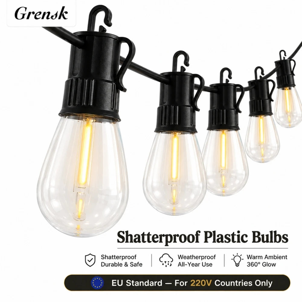 PET S14 LED String Light Bulbs E12 Base Shatterproof Plastic Bulbs 220V EU Plug Outdoor Patio Garden Lights Warm White 2700K