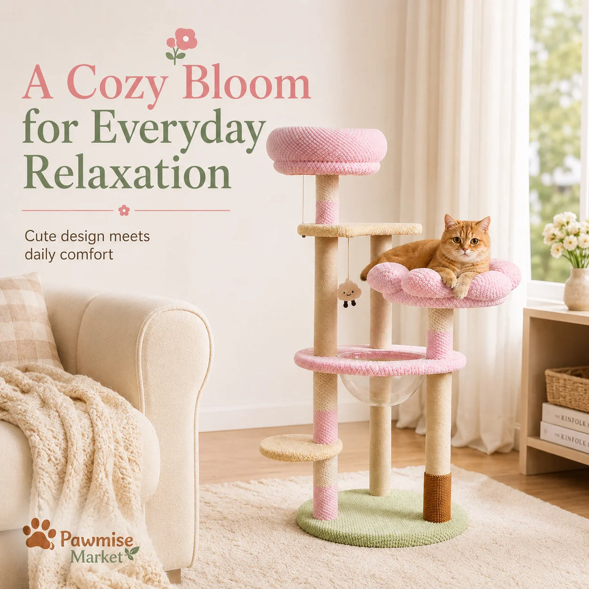 Pink Flower Cat Tree for Indoor Cats, 51.18-Inch Multi-Level Cat Tower with Soft Plush Perches, Clear Acrylic Bowl, Sisal Scratching Posts, Hanging Toy and Climbing Step