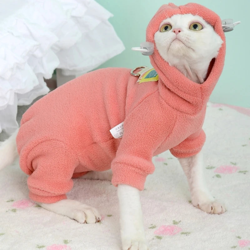Fleece 4-legged Soft Sweater for Sphynx Cat Winter thick Warm Hooded Red Green Sweatshirt for Kittens Devon Rex coat in Autumn