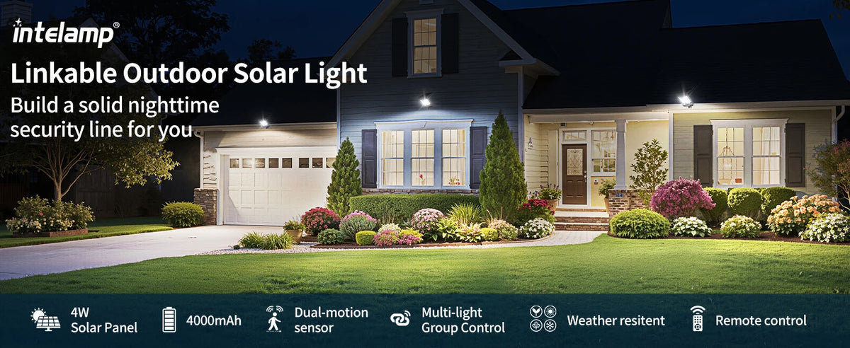 Intelamp Long Battery Life 4000mAh Outdoor Solar Flood Lights 240° Wide Security Street Light Two Motion Sensors For Garden Yard