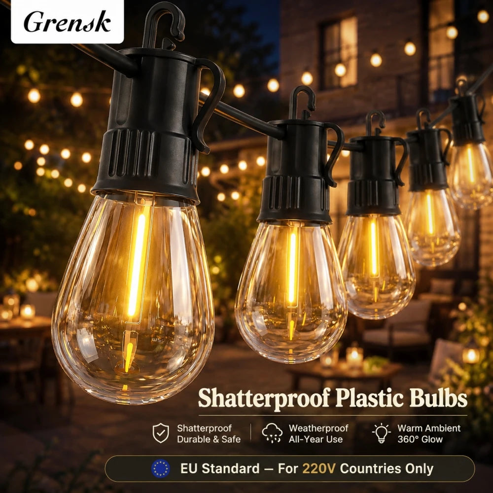 PET S14 LED String Light Bulbs E12 Base Shatterproof Plastic Bulbs 220V EU Plug Outdoor Patio Garden Lights Warm White 2700K